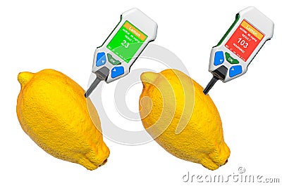 Nitrate testers with lemons. Measurement of nitrate levels in lemons, normal range and higher than norm. 3D rendering Stock Photo