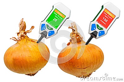 Nitrate testers with onions. Measurement of nitrate levels in onions, normal range and higher than norm. 3D rendering Stock Photo