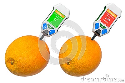 Nitrate testers with oranges. Measurement of nitrate levels in oranges, normal range and higher than norm. 3D rendering Stock Photo