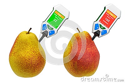 Nitrate testers with pears. Measurement of nitrate levels in pears, normal range and higher than norm. 3D rendering Stock Photo