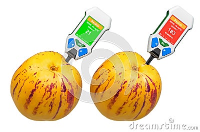 Nitrate testers with pepinos. Measurement of nitrate levels in sweet cucumbers, normal range and higher than norm. 3D rendering Stock Photo