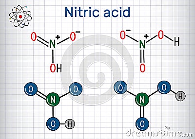 Nitric acid HNO3 molecule . It is a highly corrosive mineral Vector Illustration