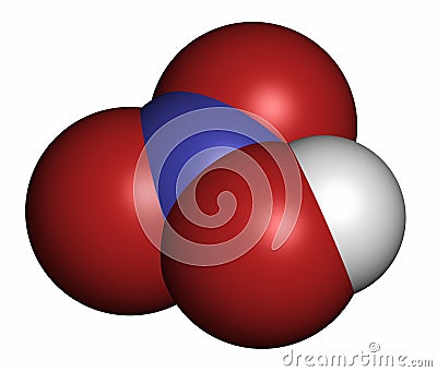 Nitric acid (HNO3) strong mineral acid molecule. Used in production of fertilizer and explosives. 3D rendering. Atoms are Stock Photo