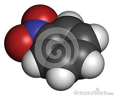 Nitrobenzene solvent molecule. 3D rendering. Atoms are represented as spheres with conventional color coding: hydrogen white,. Stock Photo