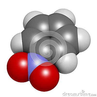 Nitrobenzene solvent molecule. 3D rendering. Atoms are represented as spheres with conventional color coding: hydrogen (white), Stock Photo