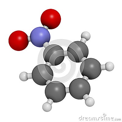 Nitrobenzene solvent molecule. 3D rendering. Atoms are represented as spheres with conventional color coding: hydrogen (white), Stock Photo