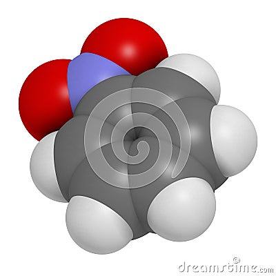 Nitrobenzene solvent molecule. 3D rendering. Atoms are represented as spheres with conventional color coding: hydrogen (white), Stock Photo
