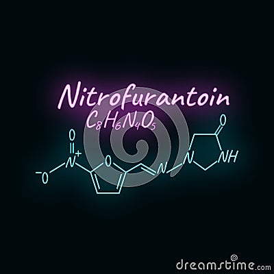 Nitrofurantoin antibiotic chemical formula and composition, concept structural drug, isolated on black background, neon style Vector Illustration