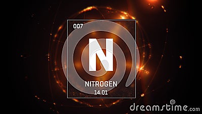 Nitrogen as Element 7 of the Periodic Table 3D animation on orange background Cartoon Illustration