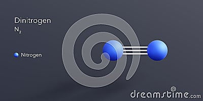 nitrogen molecule 3d rendering, flat molecular structure with chemical formula and atoms color coding Stock Photo