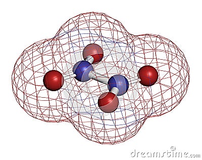 Nitrogen tetroxide (dinitrogen tetroxide, N2O4) rocket propellant molecule. 3D rendering. Atoms are represented as spheres with Stock Photo
