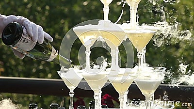 Nitrógeno de Pouring Champagne Into Glasses With Liquid del camarero metrajes Nitrógeno de Pouring Champagne Into Glasses With Liquid del camarero metrajes