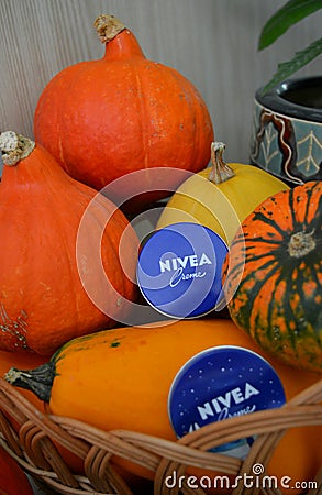 Nivea cream and pumpkins halloween holiday Editorial Stock Photo