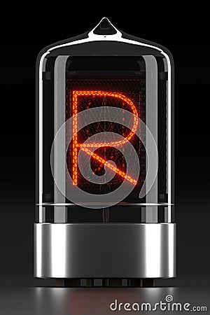 Nixie tube indicator, lamp gas-discharge indicator on dark background. Letter `r` of retro. 3d rendering Stock Photo