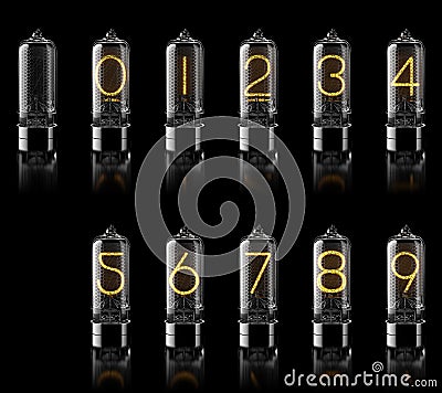 Nixie tubes with digits isolated on black. 3d rendering Stock Photo