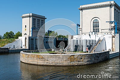Nizhny Novgorod region, Russia, July 6, 2023. View of the technical buildings of the river lock. Editorial Stock Photo