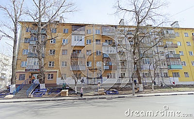 Nizhny Novgorod, Russia. - April 28.2018. Hasty repairs and painting of the facades of buildings near the football Editorial Stock Photo