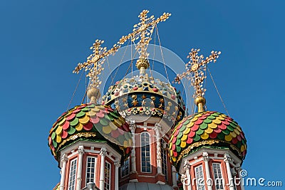 Nizhny Novgorod, Russia, July 6, 2023. Multi-colored domes of the Nativity Church against the sky. Stock Photo