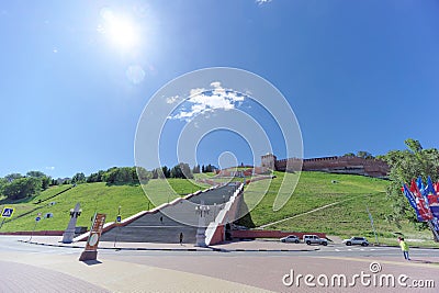 Nizhny Novgorod, Russia. - June 15.2018. The newly built Nizhnevolzhskaya Embankment on the banks of the Volga River Editorial Stock Photo