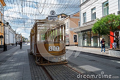 Nizhny Novgorod, Russia, May 29, 2023. The famous commemorative streetcar on Bolshaya Pokrovskaya - the main pedestrian Editorial Stock Photo