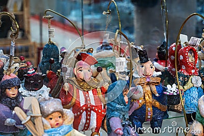 Nizhny Novgorod, Russia, May 20, 2023. Handmade Christmas tree toys. Showcase of a souvenir store with handmade Editorial Stock Photo