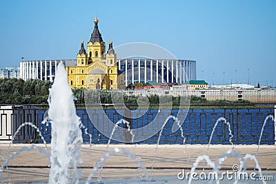 Nizhny Novgorod, Russia, 08.28.2021. View of the temple of Alexander Nevsky in Nizhny Novgorod and the fountain in the foreground Stock Photo