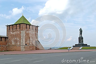 Nizhny Novgorod. View of a tower Of St. George and monument to Valery Chkalov Stock Photo