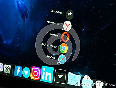 Google Chrome, Safari, Opera and Yandex browser icons of applications in dock of macbook. Stack of browsers Editorial Stock Photo