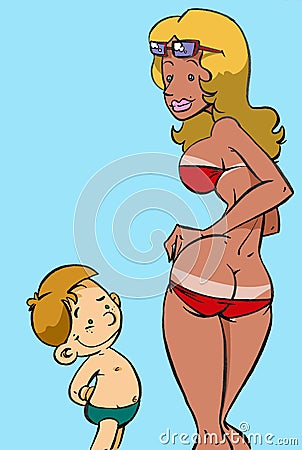 NiÃ±o observa a mujer con bikini rojo Stock Photo