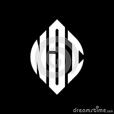 NJI circle letter logo design with circle and ellipse shape. NJI ellipse letters with typographic style. The three initials form a Vector Illustration