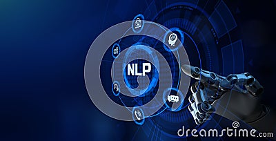 NLP Natural language processing AI Artificial intelligence. Technology concept. Robotic arm 3d rendering. Stock Photo