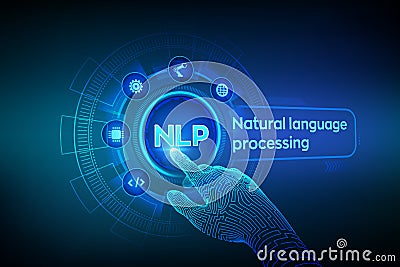 NLP. Natural language processing cognitive computing technology concept on virtual screen. Natural language scince concept. Cartoon Illustration