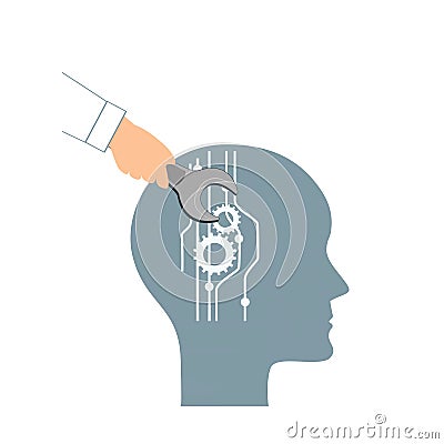 NLP or Neuro-Linguistic Programming concept. Open Human Head and a Hand with a Wrench. Manipulation, Mental health Vector Illustration