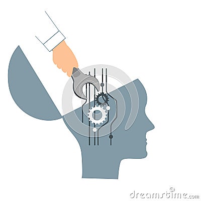 NLP or Neuro-Linguistic Programming concept. Open Human Head and a Hand with a Wrench. Manipulation, Mental health Vector Illustration