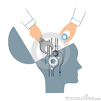 NLP or Neuro-Linguistic Programming concept. Open Human Head and a Hand with a Wrench. Manipulation, Mental health Vector Illustration