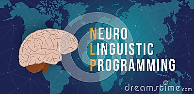 Nlp - neuro linguistic programming concept with world map and cyberspace background - vector Cartoon Illustration