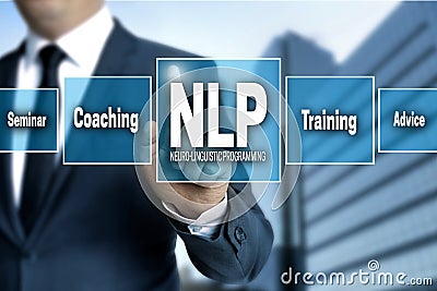 NLP touchscreen is operated by businessman Stock Photo