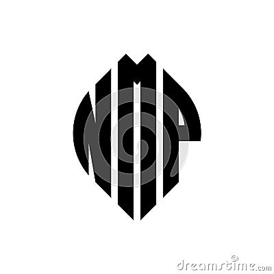 NMP circle letter logo design with circle and ellipse shape. NMP ellipse letters with typographic style. The three initials form a Vector Illustration