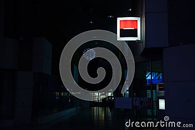 Illuminated logo of Societe Generale on their main office for Slovenia also called SKB in downtown Ljubljana. Editorial Stock Photo