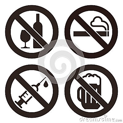 No alcohol sign, No smoking sign, No alcohol sign and No beer sign Vector Illustration