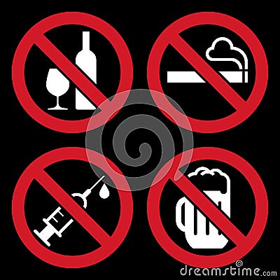 No alcohol sign, No smoking sign, No alcohol sign and No beer sign Vector Illustration