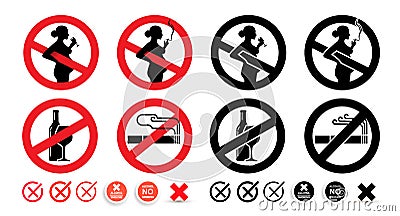 No alcohol sign, No smoking sign. Warning pregnant women should not drink and smoke. Red and black stickers. Danger vector Vector Illustration