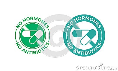 No antibiotics and hormones free farm grown food label vector health certificate stamp. Natural chicken and beef or pork meat Vector Illustration