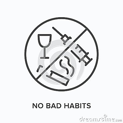 No bad habits flat line icon. Vector outline illustration of drug, alcohol and smoking prohibition. Black thin linear Vector Illustration