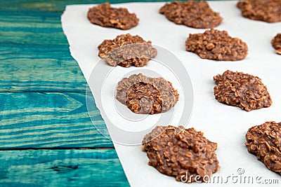 No Bake Chocolate Peanut Butter and Oat Cookies on Wooden Table Stock Photo