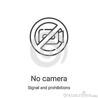 no camera icon vector from signal and prohibitions collection. Thin line no camera outline icon vector illustration. Linear symbol Vector Illustration