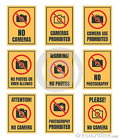 No camera use sign, photo prohibited signboard, no photography Vector Illustration