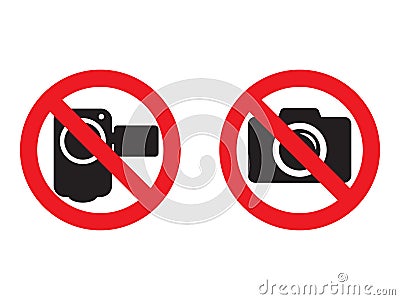 No camera and video red prohibition signs. Taking pictures and recording not allowed. No photographing sign. No video camera sig Cartoon Illustration