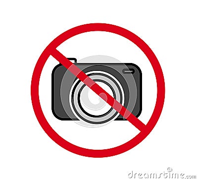 No cameras allowed sign. Red prohibition no camera sign. No taking pictures, no photographs sign. Information, forbid vector Cartoon Illustration