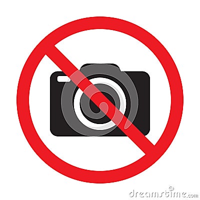 No cameras allowed sign. Red prohibition no camera sign. No taking pictures, no photographs sign. Vector Illustration